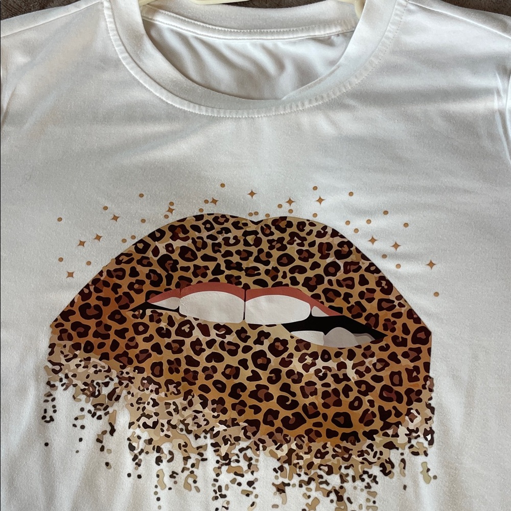 SHEIN White Tee with Leopard Print Lips - Picture 2 of 5
